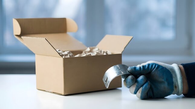 A hand in a blue work glove holding a damaged and bent metal component after unboxing, representing a damage package incident during shipping and transportation logistics quality control issues