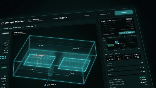 Energy Storage Monitor, Battery Management System, Real-Time Data, Rack Status Visualization, Cell Health Monitoring, Charge Strategy Optimization, Alert System Integration, Grid Synchronization