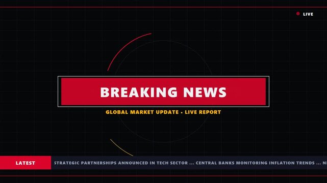 Professional media broadcast with film overlay effect for announcing global market updates and live financial reports on a modern dark digital screen