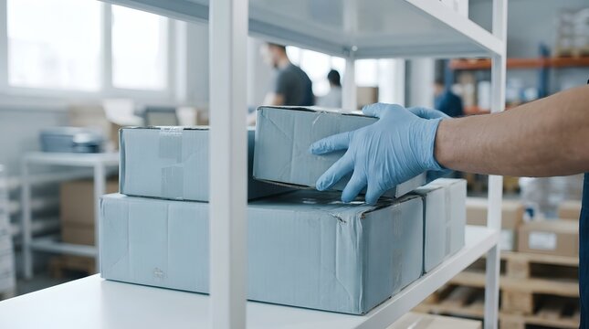 Professional Warehouse Worker Wearing Blue Gloves Stacking Damaged Return Packages on a White Shelf. These Crushed and Dented Cardboard Boxes Represent Faulty Shipping and Product Returns.