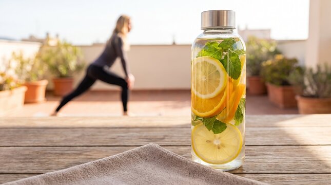Infused water bottle containing lemon, orange, and mint leaves on wooden table, with woman practicing yoga on sunny rooftop terrace, promoting hydration, fitness etc