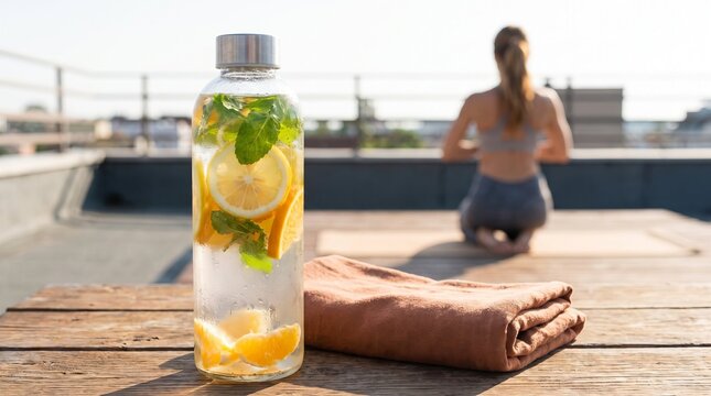 Infused water bottle containing lemon, orange, and mint leaves on wooden table, with woman practicing yoga on sunny rooftop terrace, promoting hydration, fitness etc
