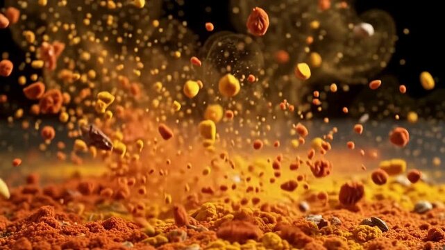 Vibrant orange and yellow powder explosion dynamic particles creating rich texture against a dark background perfect for culinary abstract or energetic design concepts