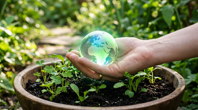 Hand holding globe above garden pot with sprouting seedlings
