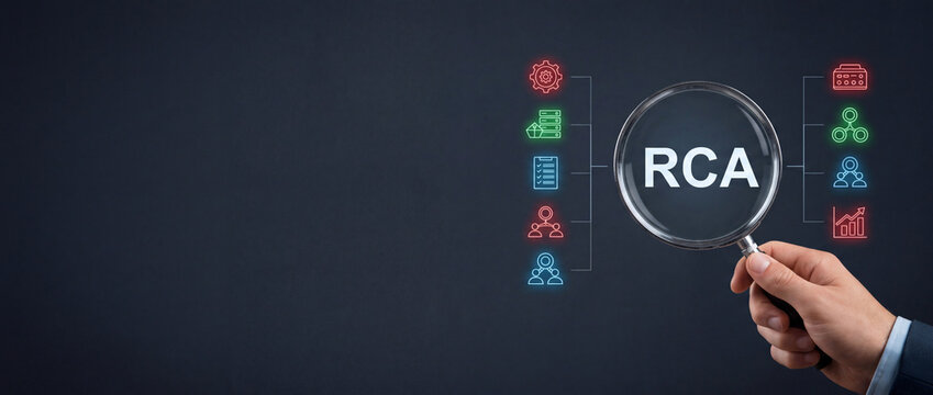 Root Cause Analysis RCA Concept, Businessman Holding Magnifying Glass to Identify Problems and Solutions with Business Management Icons on Dark Background for Corporate Strategy and Audit.