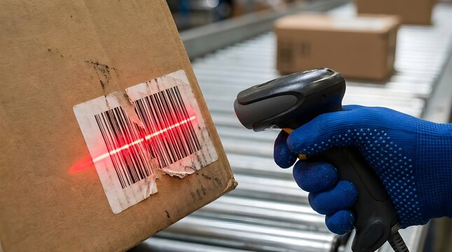 Worker in blue safety glove scanning a damaged barcode label on a torn cardboard box using a handheld laser scanner in a warehouse logistics center for quality control inspection.