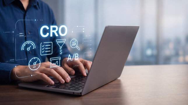 Businessman or digital marketer analyzing conversion rate optimization (CRO) metrics and A/B testing data on a laptop computer with a holographic interface for online business growth and sales