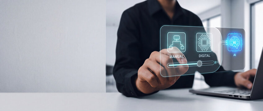 Businessman interacting with a futuristic virtual screen showing manual digital and artificial intelligence transition stages for business process automation and digital transformation.