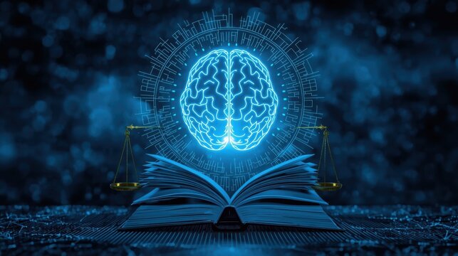 Futuristic legal technology concept with ai brain emerging from an open book in a dark blue background with neon glow