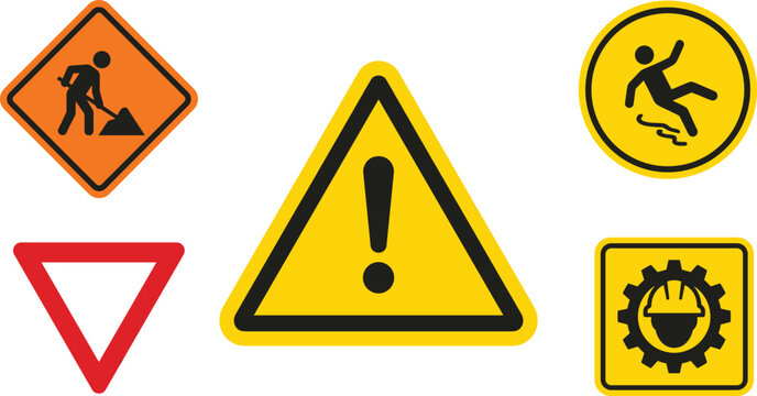 Industrial Safety and Road Traffic Warning Sign Icon Set with Construction Under Work, Slippery Floor, Exclamation Mark, Yield, and Hard Hat Symbols