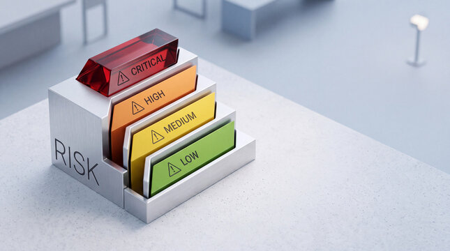 Business Risk Assessment Management Display with Color Coded Tiers for Critical High Medium and Low Severity Levels on a Minimalist Table for Corporate Strategy and Financial Planning Analysis