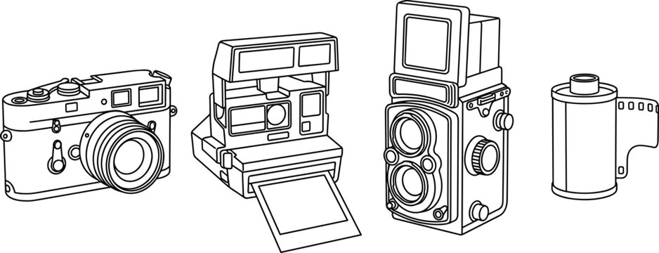 Vintage Retro Analog Camera Icon Set with Classic Rangefinder Instant Photo Twin Lens Reflex and 35mm Film Roll Symbols for Photography Design