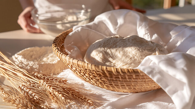 freshly baked bread loaves in wicker basket with wheat stalks