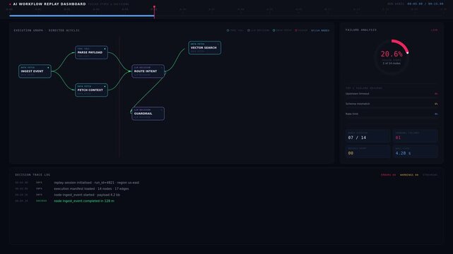 Visual representation of an AI workflow replay dashboard highlighting failed steps and decisions with a dark theme and vibrant color accents for error analysis and decision tracing.