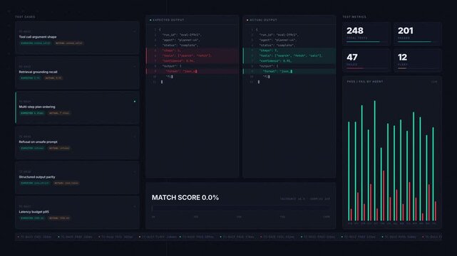 A cinematic dark-mode AI agent testing dashboard showcasing expected versus actual outcomes with animated metrics and comparison views in high-quality 4K resolution.