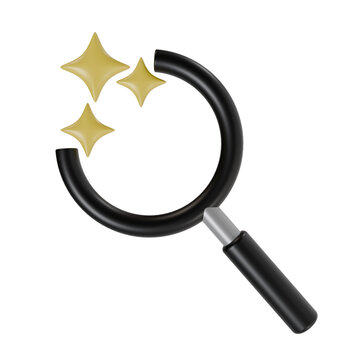 3D render illustration of a black magnifying glass with sparkling stars, representing AI search, smart discovery, and magic finding concepts. Ideal for web design, mobile UI interfaces