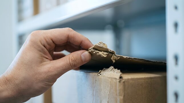 Close up of a man's hand lifting the torn and damaged flap of a cardboard shipping box on a warehouse shelf, showing signs of poor handling, transport damage, or package tampering during delivery.