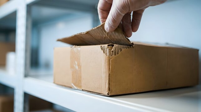 Close up of a hand lifting the torn flap of a damaged cardboard shipping box on a shelf, showing crushed corner and ripped paper, representing poor delivery service and package mishandling.
