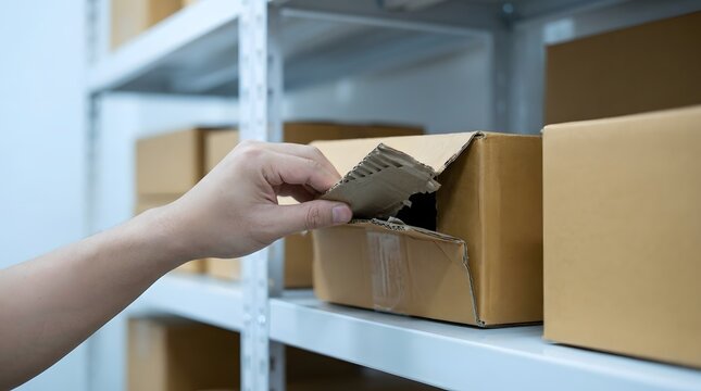 Close-up of a hand lifting the torn flap of a damaged cardboard shipping box in a warehouse setting, illustrating themes of delivery issues, broken packaging, and return shipping claims.