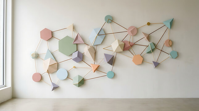 Geometric art installation with polyhedral shapes connected by rods on a minimalist white wall