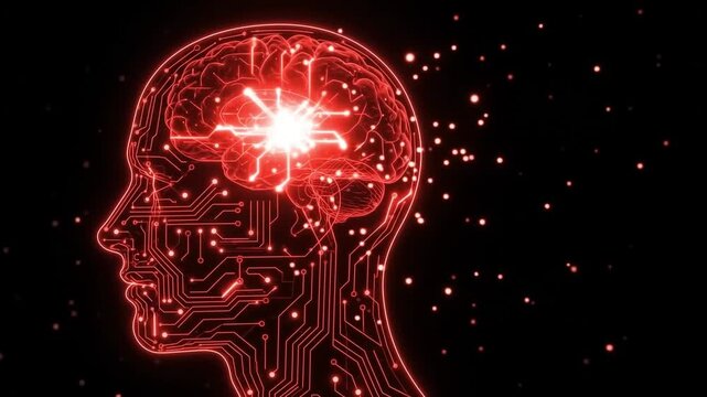 Digital Human Head Silhouette with Glowing Red Neural Circuit, AI Risk Detection Technology Concept