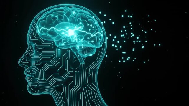 Digital Human Head Silhouette with Glowing Teal Neural Circuit, Neuroscience Technology Concept