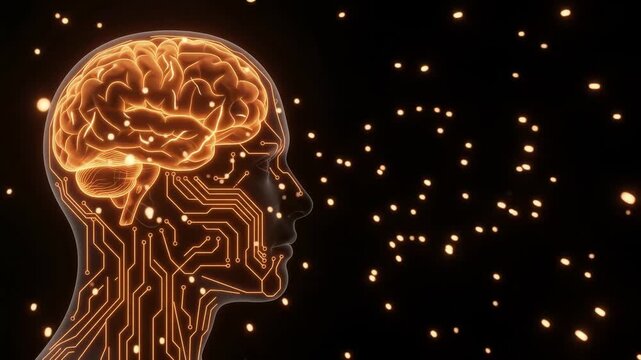Digital Human Head Silhouette with Glowing Orange Circuit Sparks, Creative AI Technology Concept