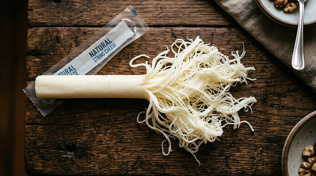 String cheese stick partially pulled into strands on a rustic wooden table