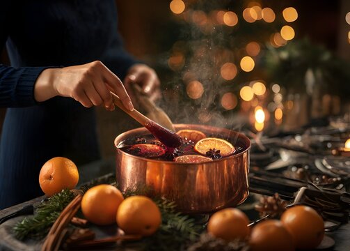 A woman's hands stir mulled wine in a black cauldron with orange slices and spices, surrounded by citrus fruits