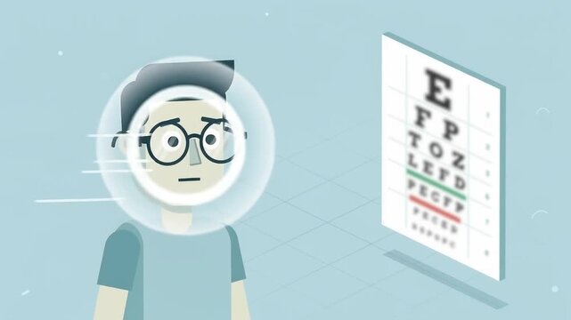 Cartoon Illustration of a Man with Glasses Struggling to See an Eye Chart During a Vision Test