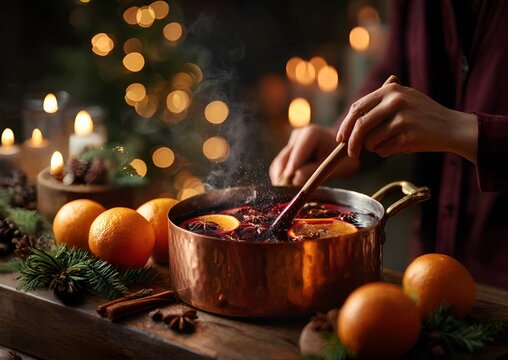 A woman's hands stir mulled wine in a black cauldron with orange slices and spices, surrounded by citrus fruits