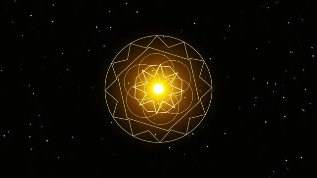 Glowing golden sacred geometry mandala with pulsating light and rotating star patterns against a dark particle background