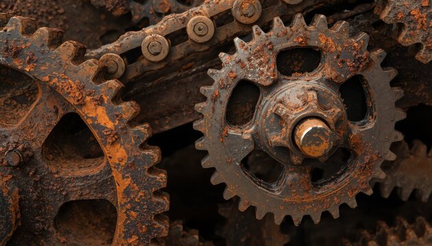 Heavily corroded metal gears connected by rusted industrial chain