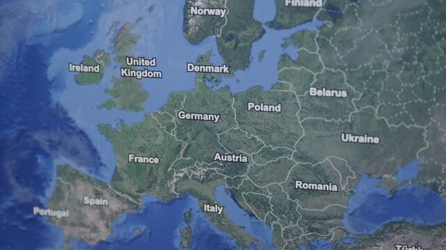 Aerial View of European contine &mdash; Camera Scanning a Photorealistic Detailed Map of continent of EU, Germany, UK, France, Showing Mountains, Sea, Valleys, Landmarks and Geographic Features From Above
