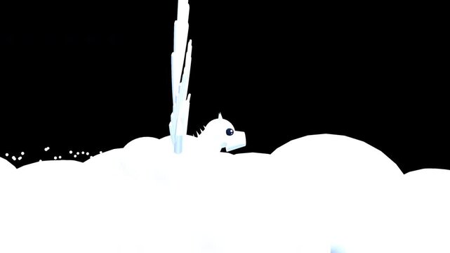 White stylized bird flying through clouds on transparent background