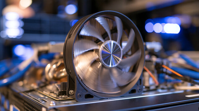 close up of a computer cooling fan glowing with vibrant blue lighting inside a pc case