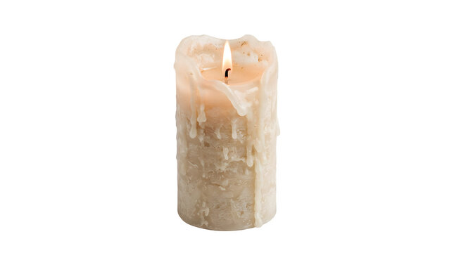 A rustic, textured pillar candle with a burning flame and melting wax drips, isolated on transparent background
