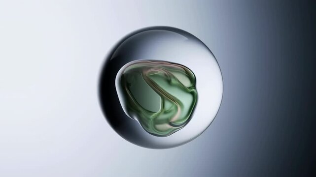 Transparent glass sphere contains pastel green and pink fluid-like forms that fold, swirl, and morph inside while the glossy orb stays suspended against a pale gray gradient background