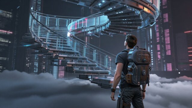 Man gazing at futuristic spiral staircase in sci-fi cityscape
