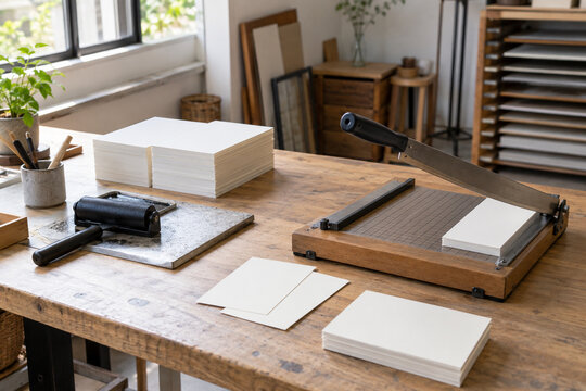 Blank postcards and paper cutter in a small print studio