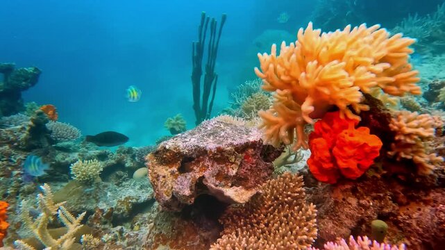 Fiji Rainbow Reef vibrant hard and soft corals forming a diverse marine ecosystem, with colorful tropical fish swimming through the clear blue water, showcasing healthy biodiversity in the ocean.