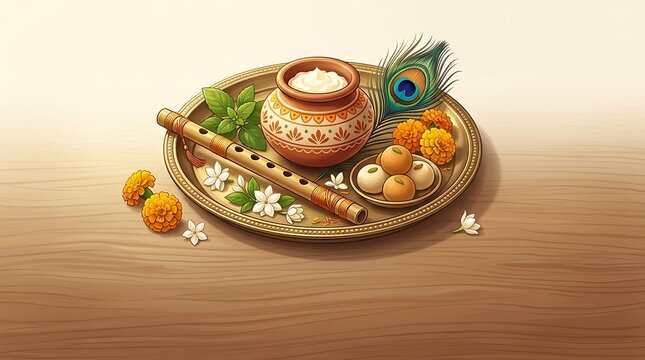 Happy Janmashtami Pooja Thali with Flute Makhan Handi and Laddu for Lord Krishna Festival