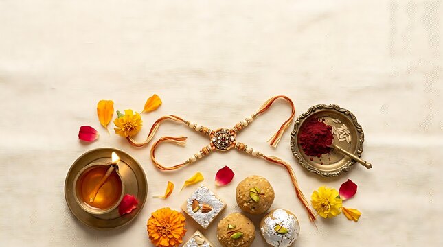 Raksha Bandhan Flat Lay with Rakhi Traditional Sweets Tilak and Diya