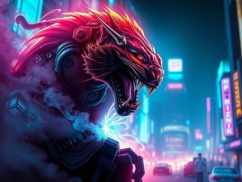 Gleaming sabertooth erupts from swirling cyberpunk vapor, muscular hunter in a glowing metropolis, razor edge,  vapor,  menace