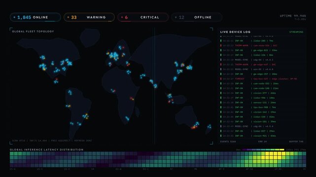 Monitor device health and inference performance with this animated Edge AI fleet dashboard featuring a world map, glowing markers, and KPI statistics in a dark, modern style.