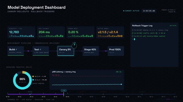 A sleek model deployment dashboard showcasing canary rollouts and rollback triggers with vibrant animations and a dark mode interface for tech enthusiasts.