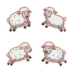 Obraz premium Four cute cartoon sheep jumping and playing.