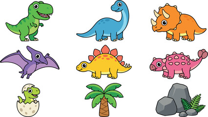 Cute Cartoon Dinosaur Vector Character Set Featuring Adorable T-Rex, Triceratops, Stegosaurus, Baby Hatching from Egg, and Prehistoric Elements for Kids Graphic Designs © Jahara