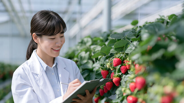 female scientist inspecting fresh strawberries while taking notes inside a modern greenhouse