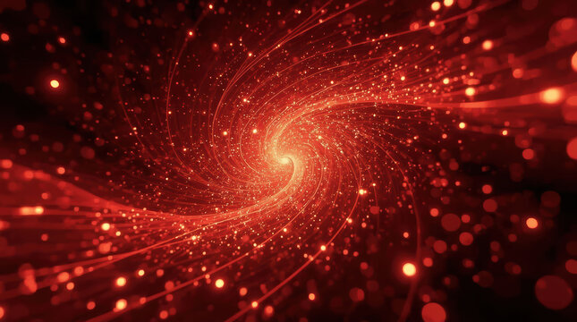 Red abstract light vortex with glowing particle trails creating futuristic motion